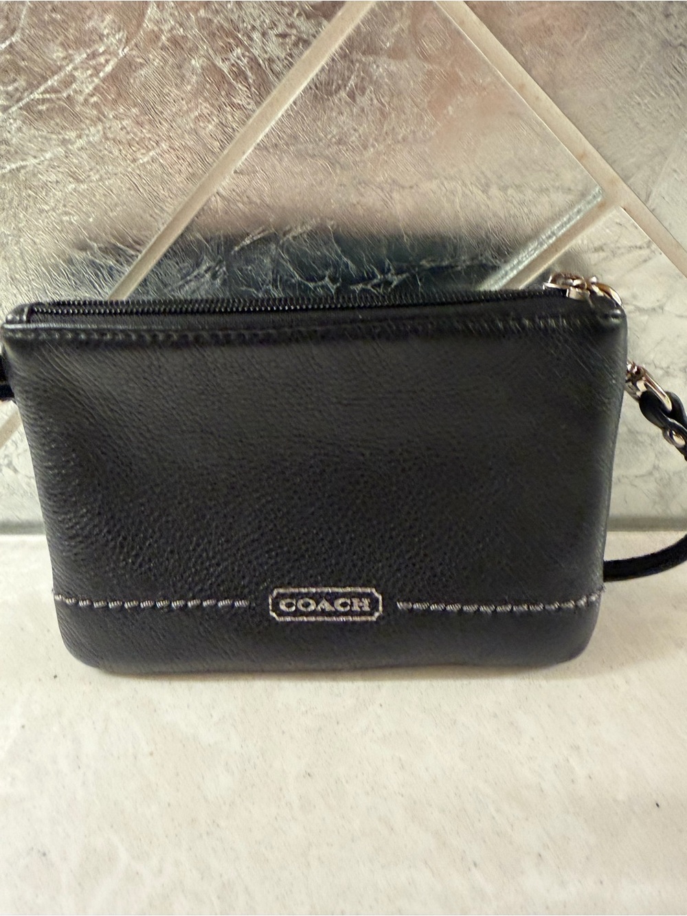 Coach Black Leather Wristlet with Contrast Stitching